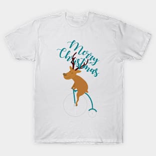 Mr Reindeer having Fun with his Penny-farthing Bicycle Christmas T-Shirt